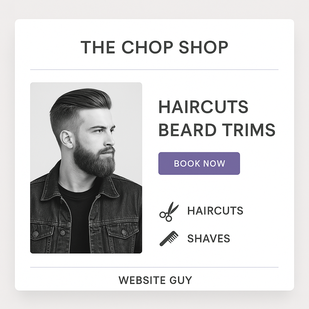 Local Business Website mock-up for potential client with a local business such as a barbershop with buttons to indicate services and a Book Now button