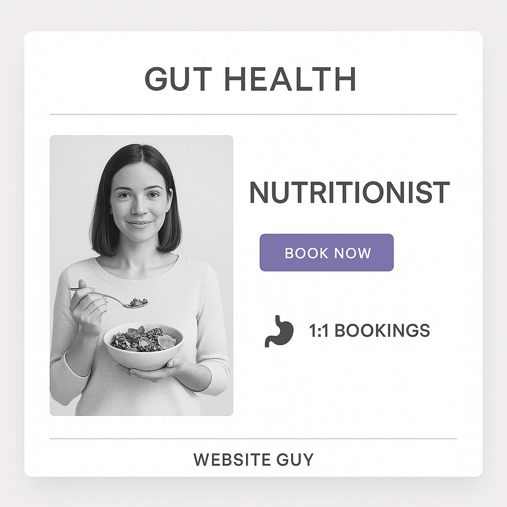 Independent Practitioner Website mock-up for potential client featuring nutritionist services specialising in gut health 1:1 bookings and a Book Now button