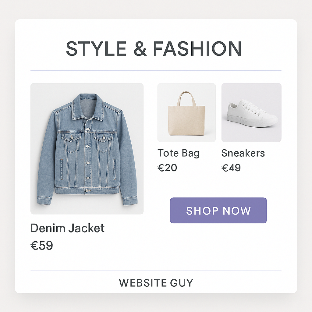 Online Store Website mock-up for potential client featuring an online e-commerce store selling clothes and shoes, with a Shop Now button