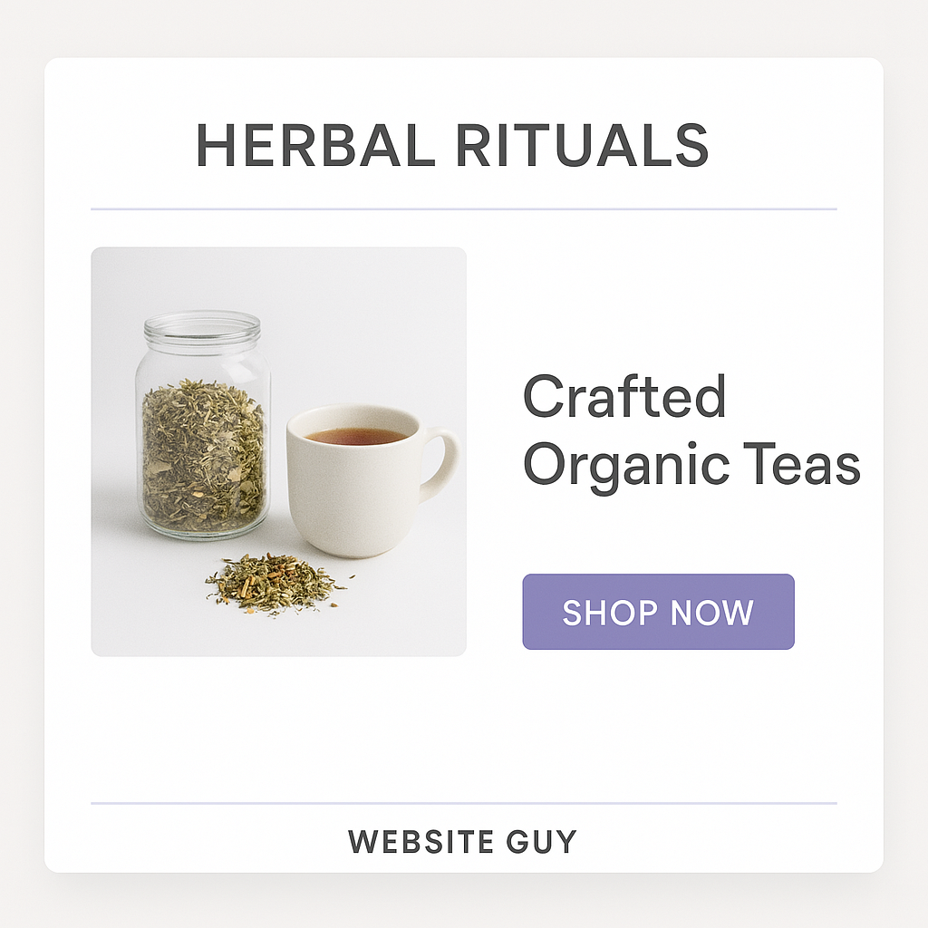 Artisan Producer Website mock-up for potential client featuring an artisan producer selling crafted, organic teas, called "Herbal Rituals" with a Shop Now button