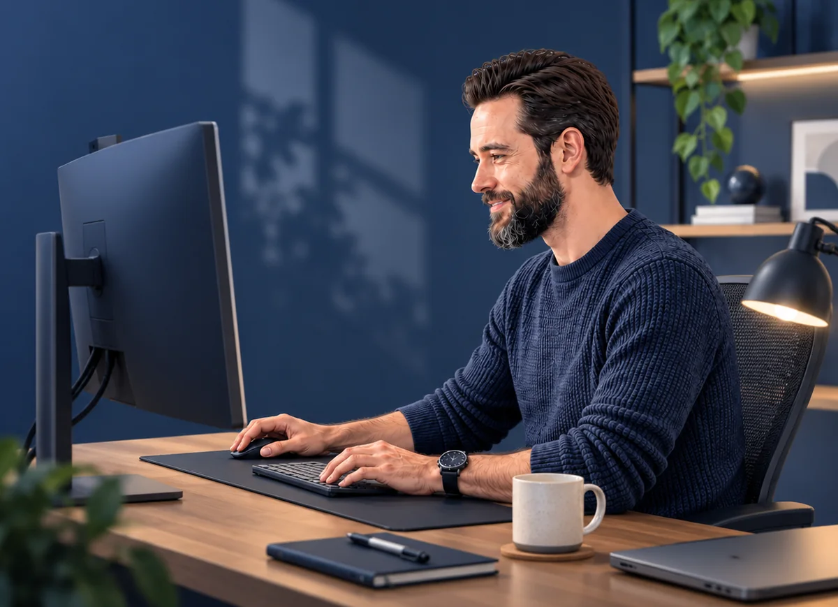 Illustration of Graham, Website Guy, working at his desk and computer