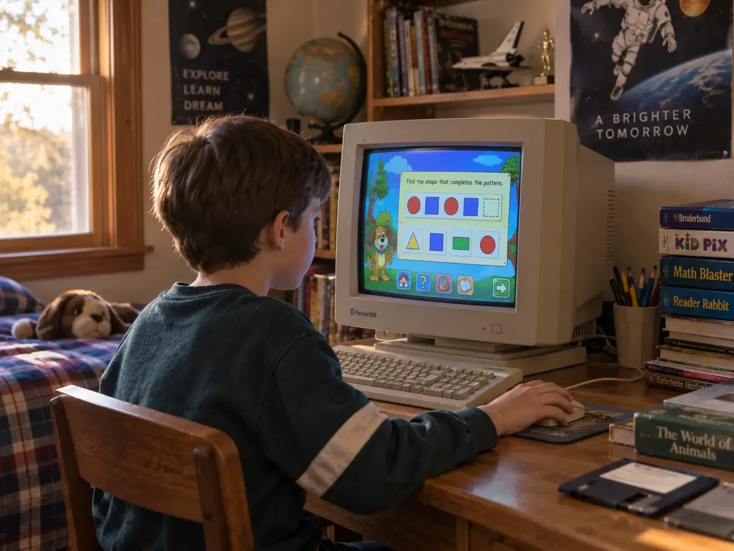 Illustration of a child playing a simple educational game on a 1990s home computer.
