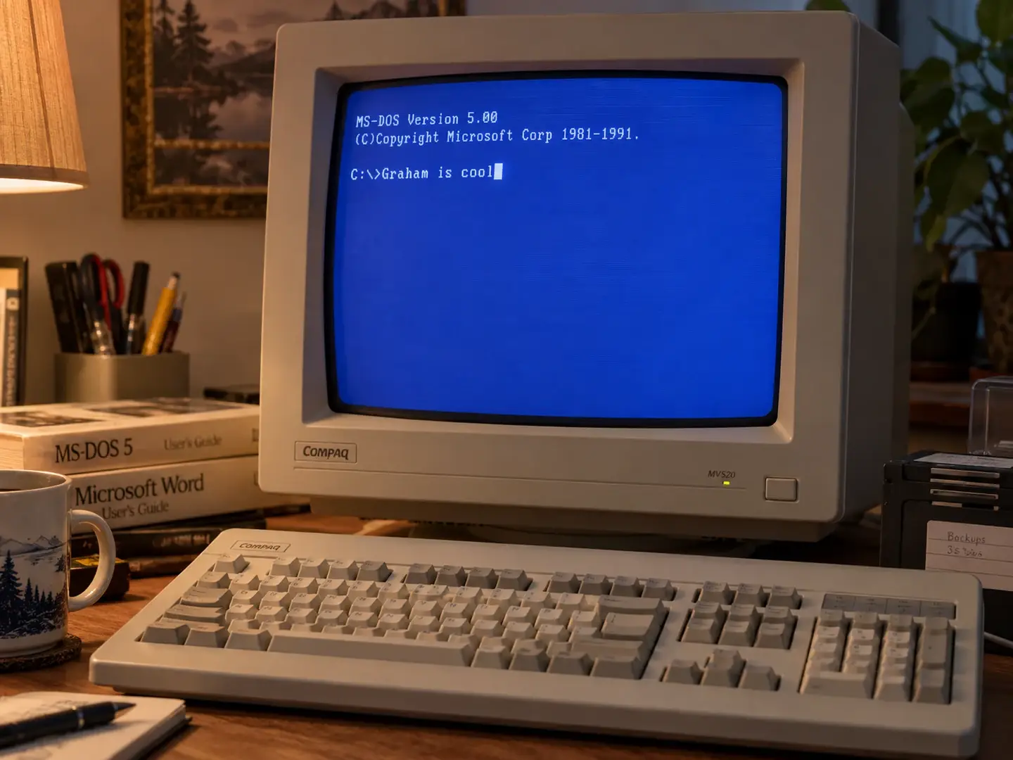 Illustration of an old computer with a blue screen, a cursor and the words Graham is cool.