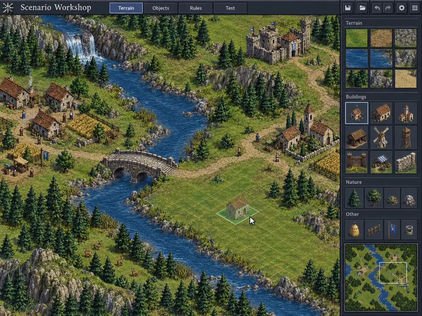 Original strategy-game editor illustration with a river, terrain grid, village, building palette and selected placement outline.